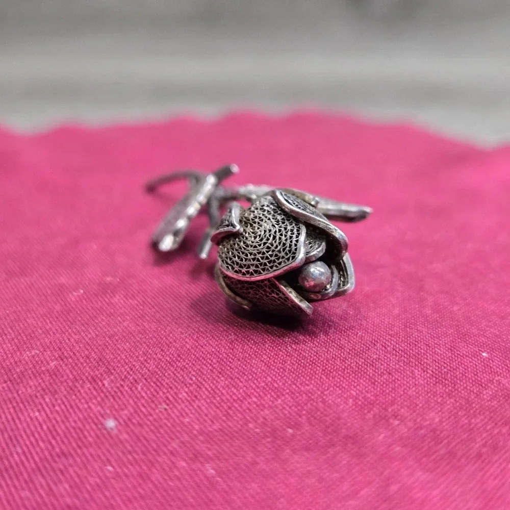Vintage FAS 925 Sterling Silver Filigree Rose Brooch Pin 2.5